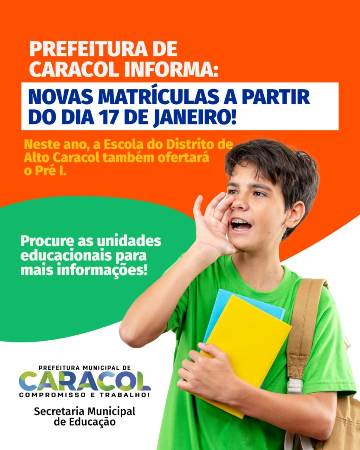 Prefeitura de Caracol abre matrículas para educação municipal no dia 17 de janeiro