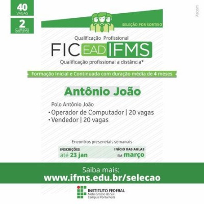 Prefeitura de Antonio João e Instituto Federal de MS abrem matrículas para cursos à distância
