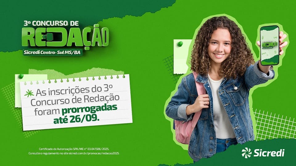 Inscrições prorrogadas até 26 de setembro para o Concurso de Redação da Sicredi Centro-Sul MS/BA