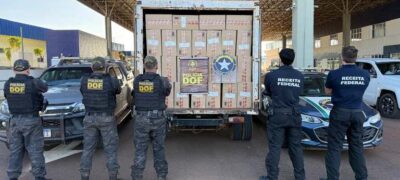 DOF e Receita Federal recuperam caminhão furtado e apreendem cigarros durante operação na fronteira