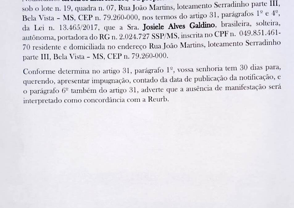 Edital de Notificação sobre inicio de Regularização Fundiária – REURB