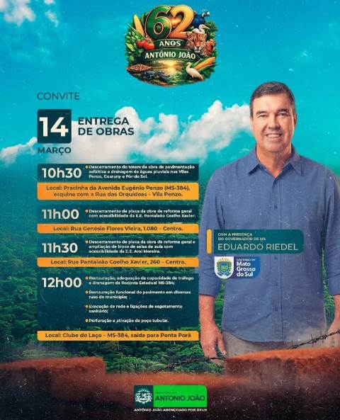 Governador Eduardo Riedel participa de agenda de entrega de obras em Antônio João neste sábado