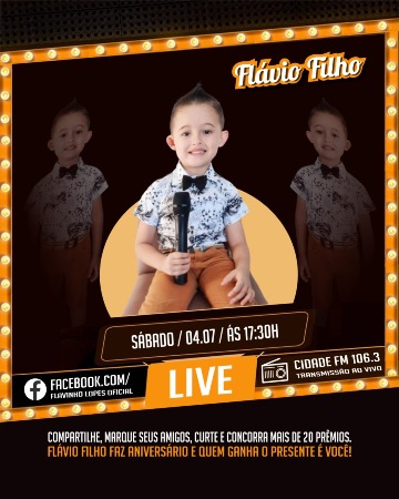 Flávio Filho comemora aniversário de 5 anos com live e show de prêmios neste sábado em Bela Vista