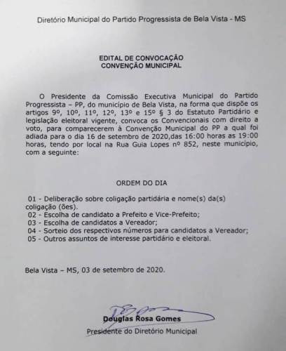 PP de Bela Vista publica Edital de Convocação para Convenção Municipal