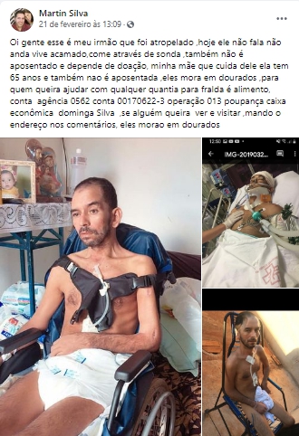 Bela-vistense Lourenço não se recupera de acidente e família pede apoio e doações