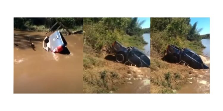 Vídeo: Caminhonete é “engolida” pelo rio Apa e resgate do veículo mobiliza populares