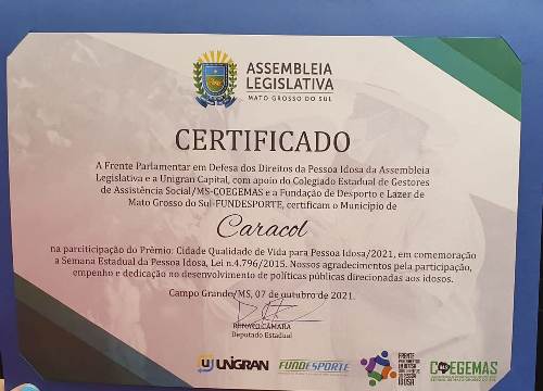 Caracol recebe certificado por oferecer qualidade de vida as pessoas idosas do município