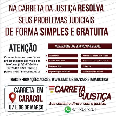Carreta da Justiça estará em Caracol nos dias 7 e 8 de março para resolver problemas judiciais da população