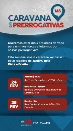 Diretoria irá à Jardim, Bela Vista e Bonito para posse e Caravana das Prerrogativas