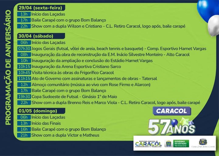 Prefeito Neco Pagliosa anuncia programação de aniversário dos 57 anos de Caracol