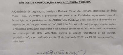 Bela Vista:  Audiência Pública irá discutir Projeto de Lei Complementar do Sistema Tributário Municipal