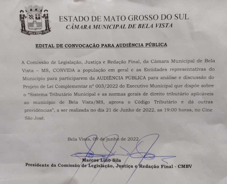 Bela Vista:  Audiência Pública irá discutir Projeto de Lei Complementar do Sistema Tributário Municipal