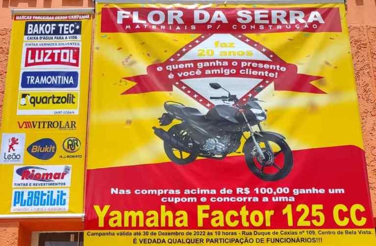 20 anos: Flor da Serra Materiais de Construção sorteará motocicleta zero quilômetro
