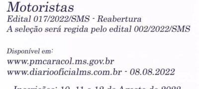 Prefeitura de Caracol abre processo seletivo para contratação de motoristas para o município