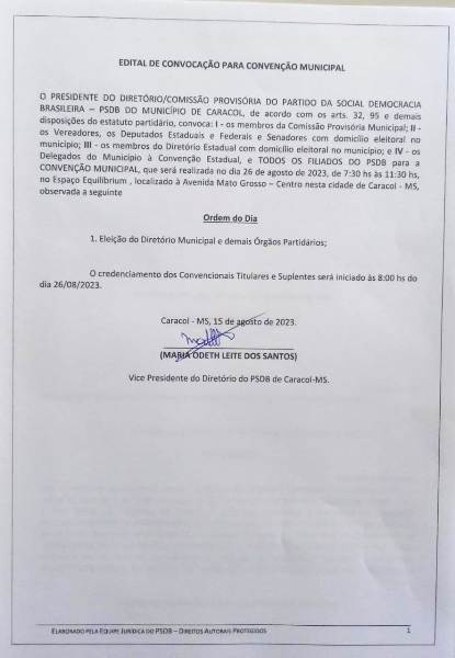 Comunicado de Edital de Convenção Municipal do PSDB de Caracol