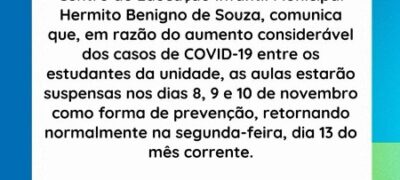 Secretaria de Educação comunica paralisação das aulas no CEIM Hermito Benigno de Souza entre os dias 8 e 10 de novembro