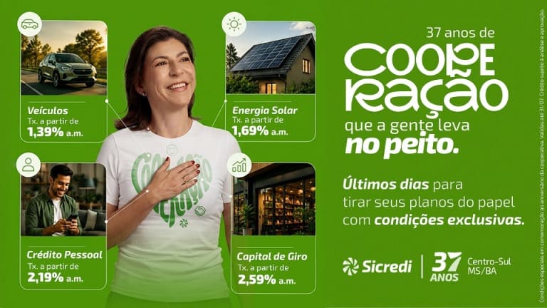 Campanha de aniversário da Sicredi Centro-Sul MS/BA entra na reta final com crédito facilitado e descontos em seguros