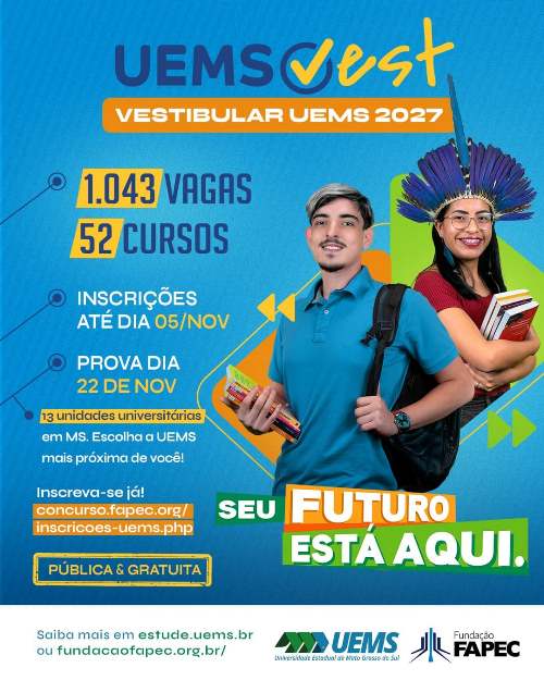 UEMS oferta mais de 1,3 mil vagas em cursos de graduação em todo o Estado: UEMSVEST e PROUEMS 2027