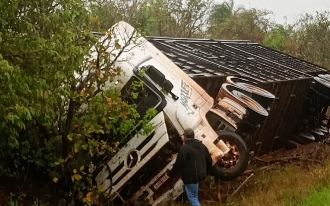 Caminhão carregado de bois tomba na MS-384 entre Bela Vista e Caracol