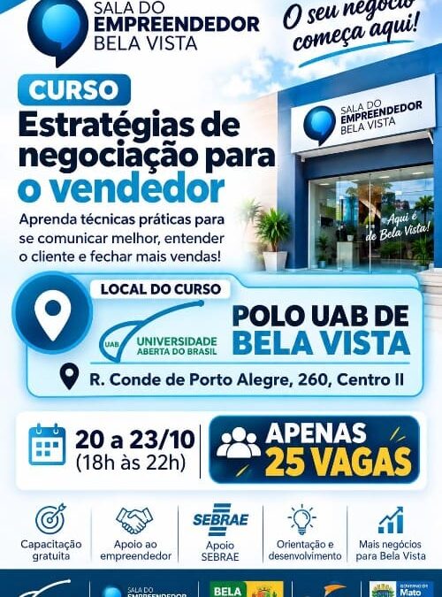 Sala do Empreendedor e Polo UAB oferecem curso gratuito de estratégias de negociação em Bela Vista