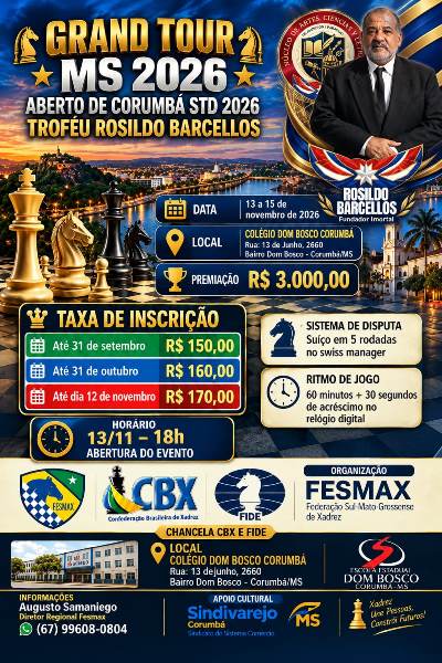 Corumbá sedia Grand Tour MS de Xadrez em novembro
